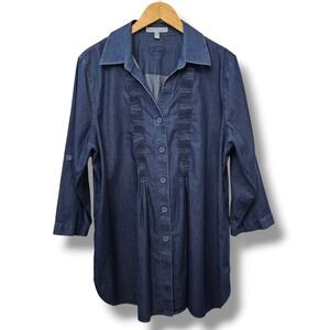 Chaps Button Down Shirt Non Iron Blue Denim Womens 18 Pleated Pintuck Modest